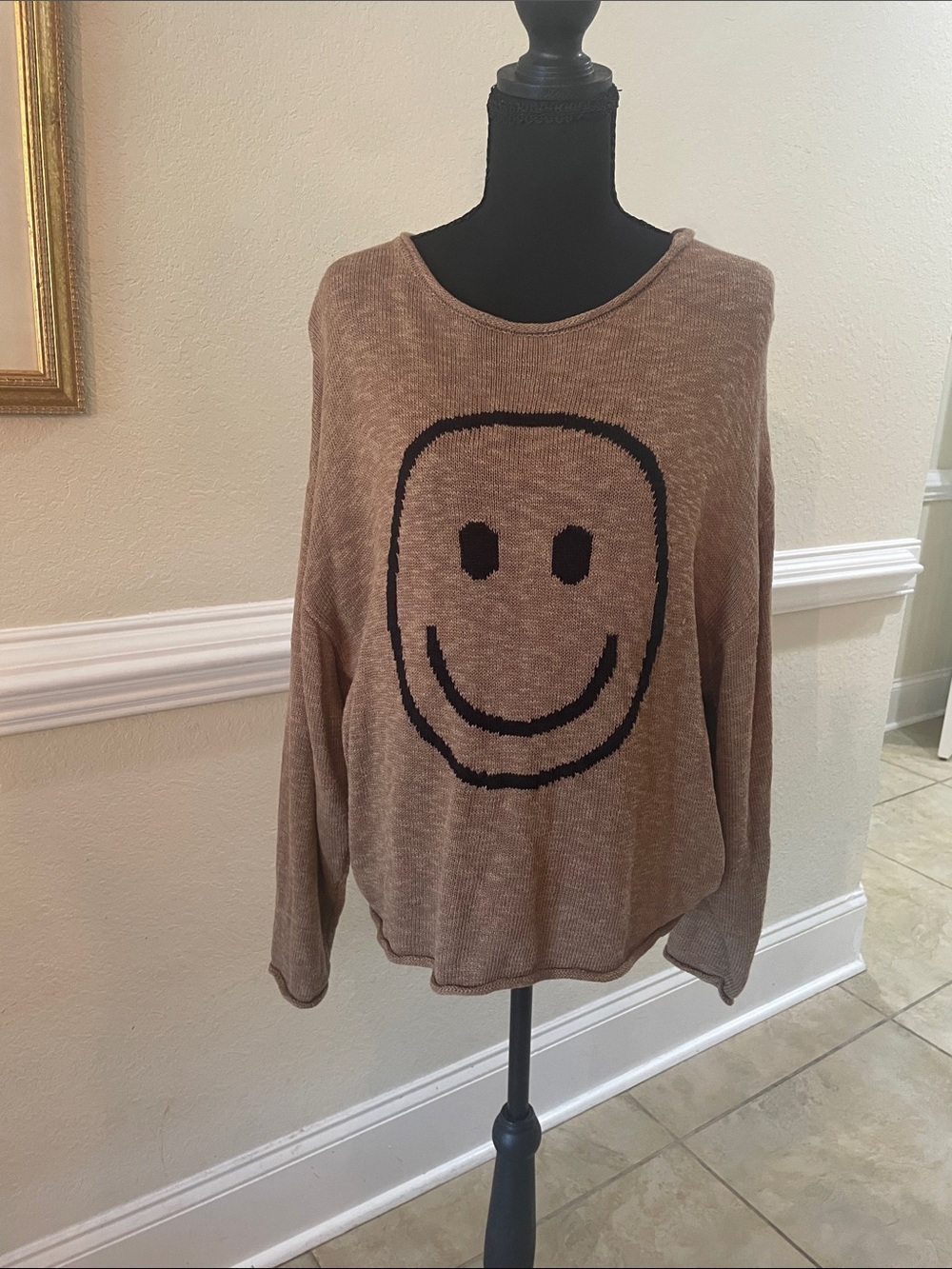 Promesa Brown Crewneck Sweater with Black Smile Graphic